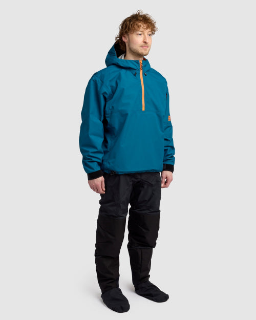 Person wearing a blue jacket with a hood on a white background